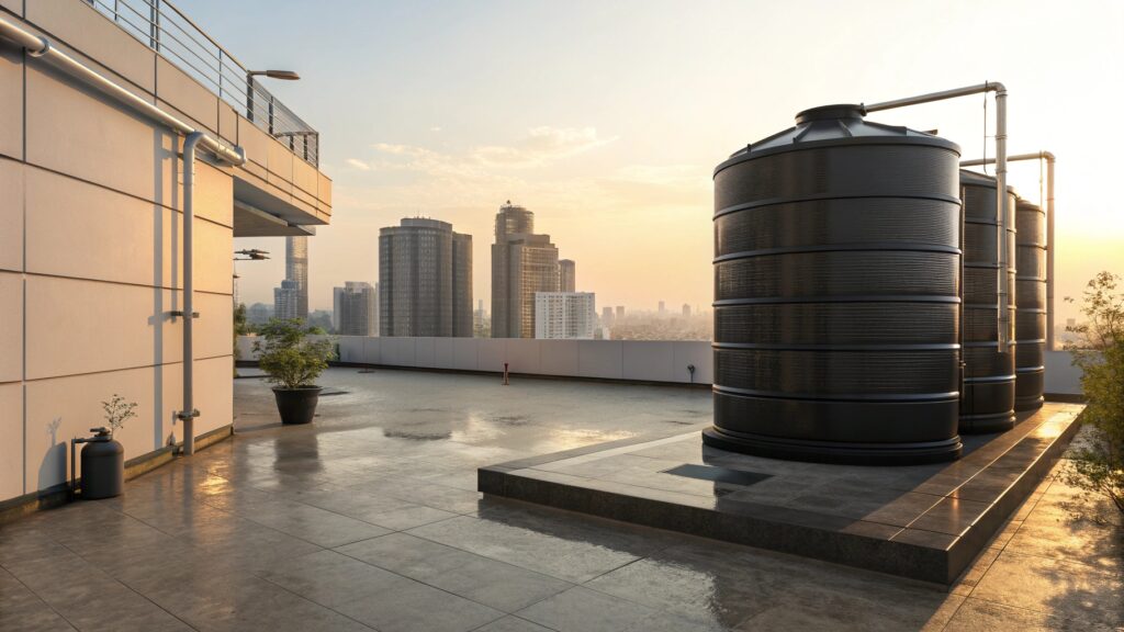 A premium black water tank installed on an Indian rooftop in warm evening light, showcasing durability and modern aesthetics