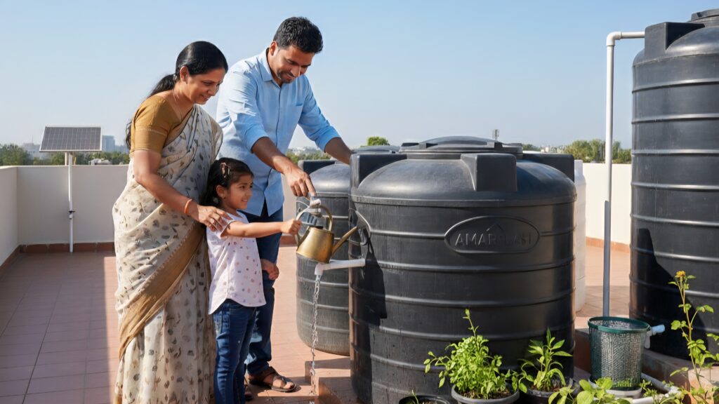 Family checking rooftop water tank system to ensure clean water storage and safety