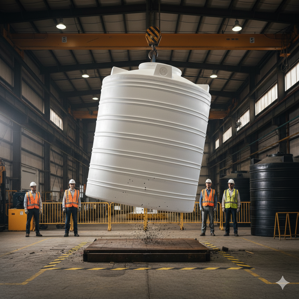 HDPE water tank being dropped or tested for strength in an industrial setting, no visible damage, showcasing durability and impact resistance