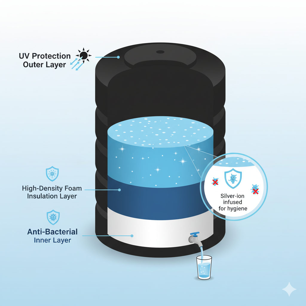 Cross-section of water tank showing UV protection and anti-bacterial inner layers for clean water.