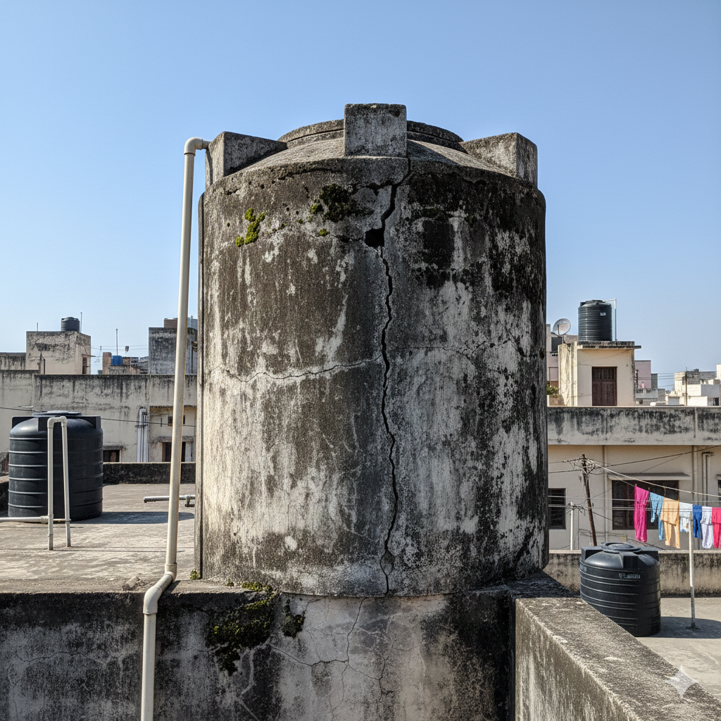 Concrete water tank with cracks and leakage